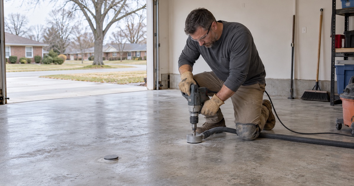A relative humidity probe hole drilled into a Hoffman Estates garage slab before any coating is quoted, a second capped sleeve set beyond it.