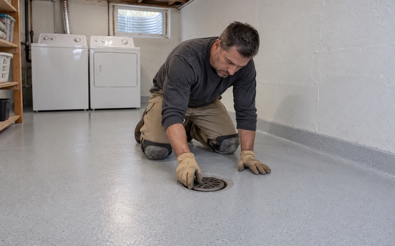 A light gray epoxy basement floor finished down to the drain in a Hoffman Estates split-level, the grate being set back.