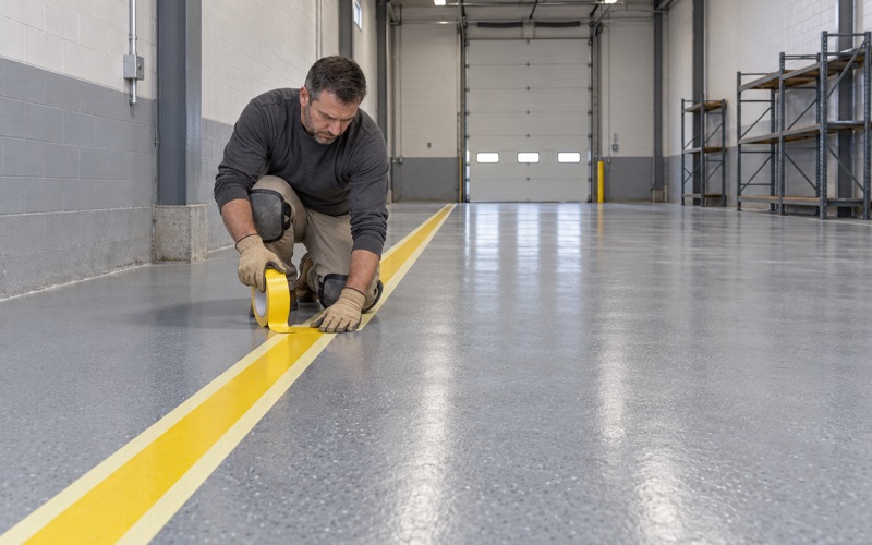 Safety-yellow aisle lines laid out on a new gray epoxy floor in a Hoffman Estates business park warehouse.
