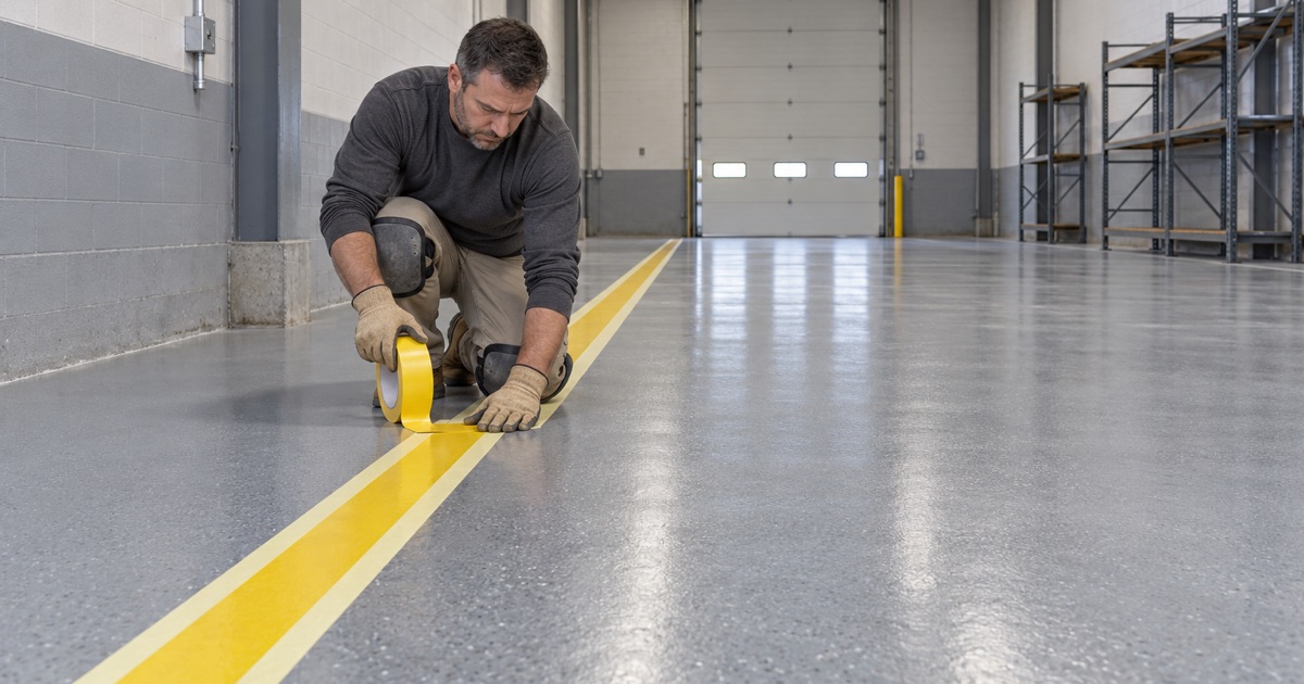 Safety-yellow aisle lines laid out on a new gray epoxy floor in a Hoffman Estates business park warehouse.
