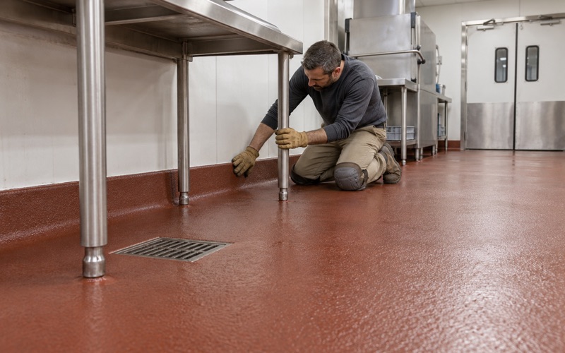 A red-brown urethane cement floor coved up the wall beneath a hotel dish station in Hoffman Estates, sloping to a floor drain.