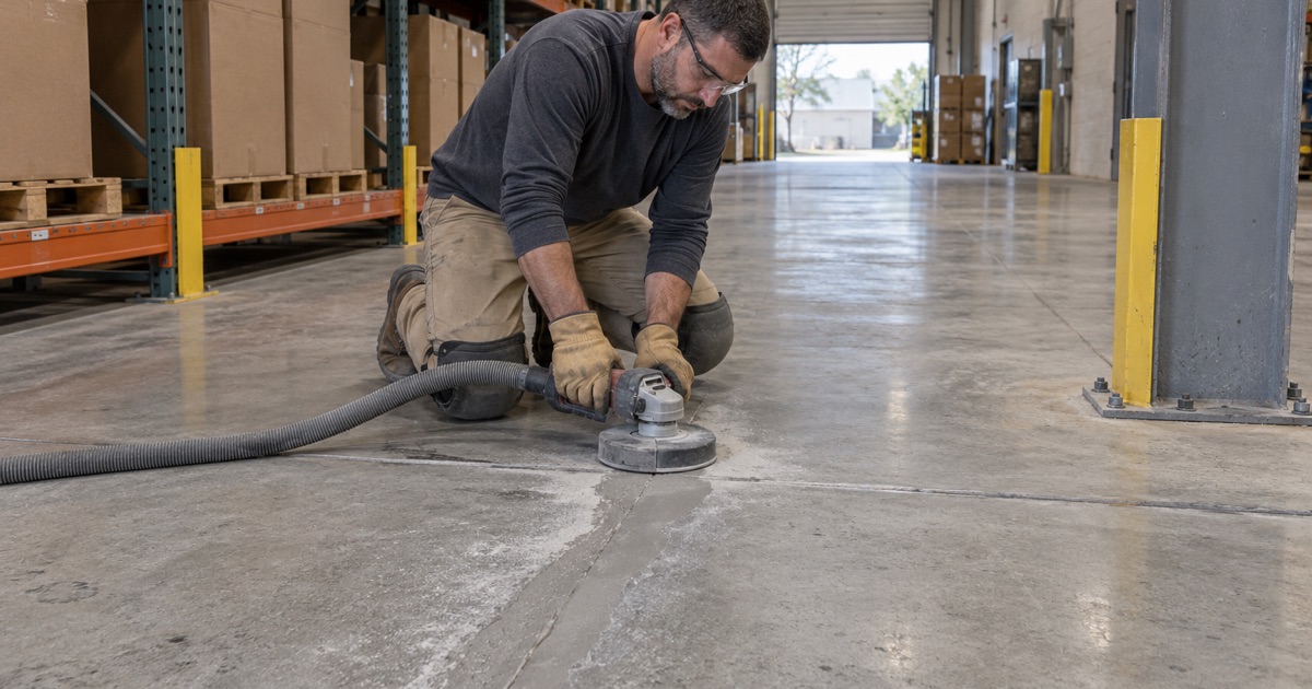 A spalled control joint in a Hoffman Estates warehouse aisle rebuilt with filler and ground flush before recoating.