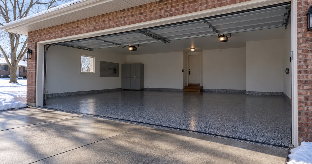 A finished charcoal and white flake floor in a Hoffman Estates three-car garage on a bright winter morning, the door raised.