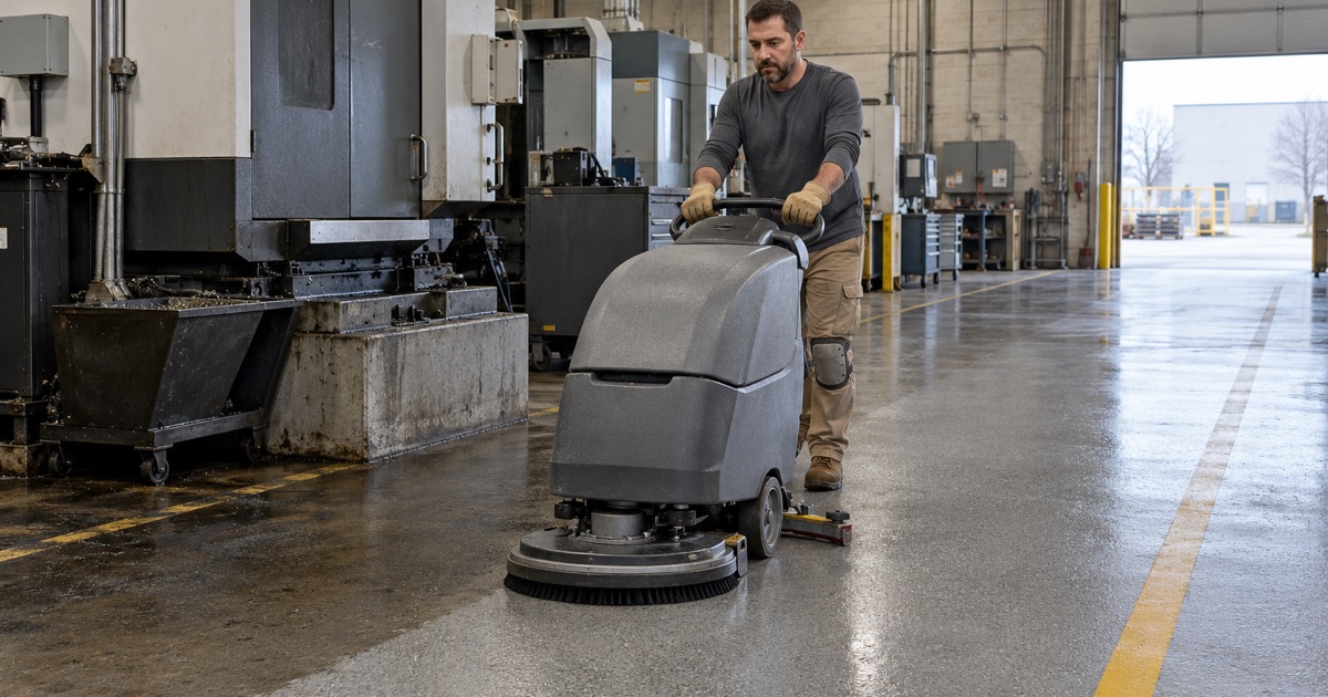 A Bellwood metal plant floor being scrubbed clean of oily residue beside its machine line