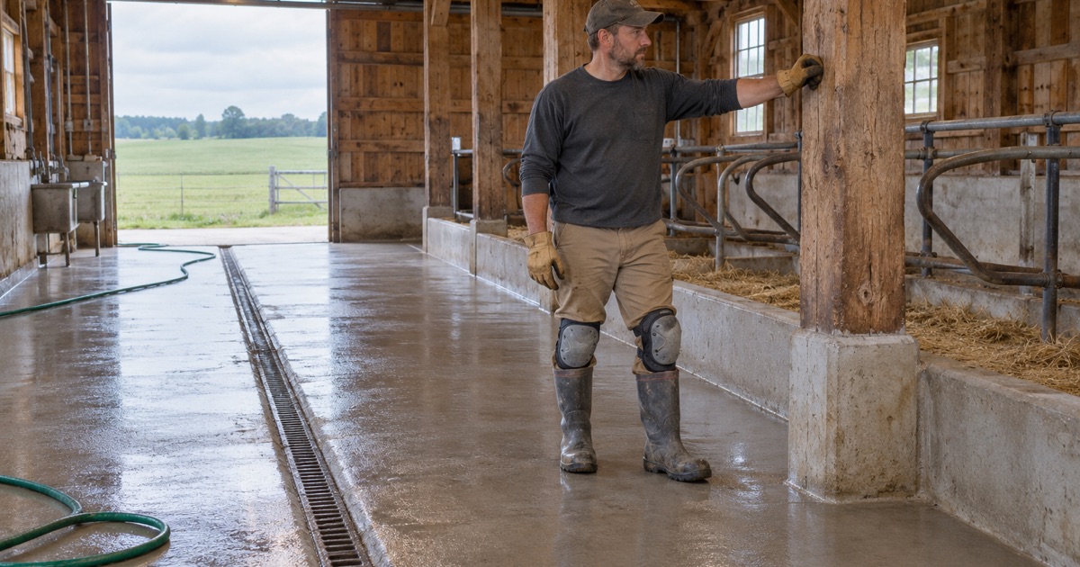 The new hosed concrete floor and gutter inside a restored 1906 dairy barn in Campton Hills.
