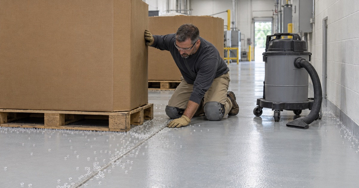 Loose plastic resin pellets on a lightly textured coated floor beside bulk resin boxes in a Cary film plant.