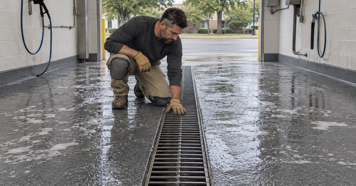 A wet, heated self-serve car-wash bay floor in Forest Park sloping to its trench drain between washes.