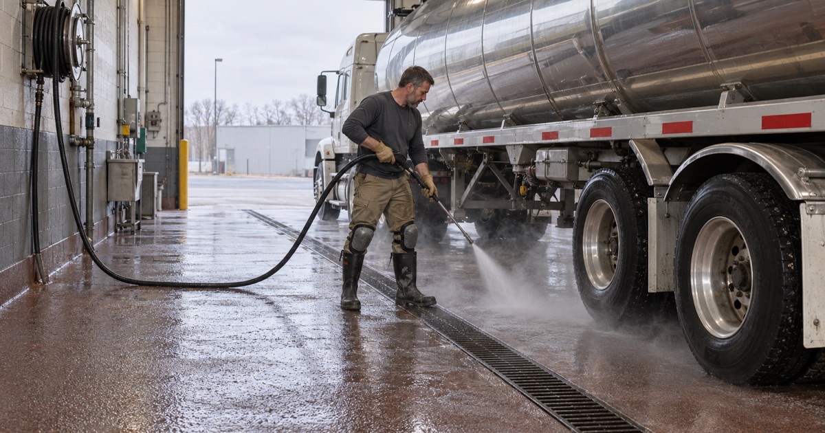 Steam rising off a sloped wash-bay floor under a stainless food-grade tank trailer in Franklin Park.