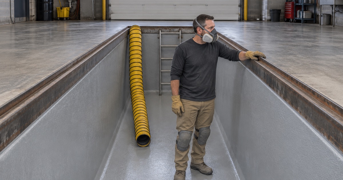 A freshly coated below-grade lube pit in a La Grange Park quick-lube shop, a fresh-air duct hanging into it.