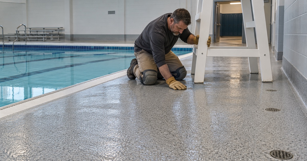A wet indoor pool deck with a broadcast slip-resistant coating at a La Grange school natatorium.