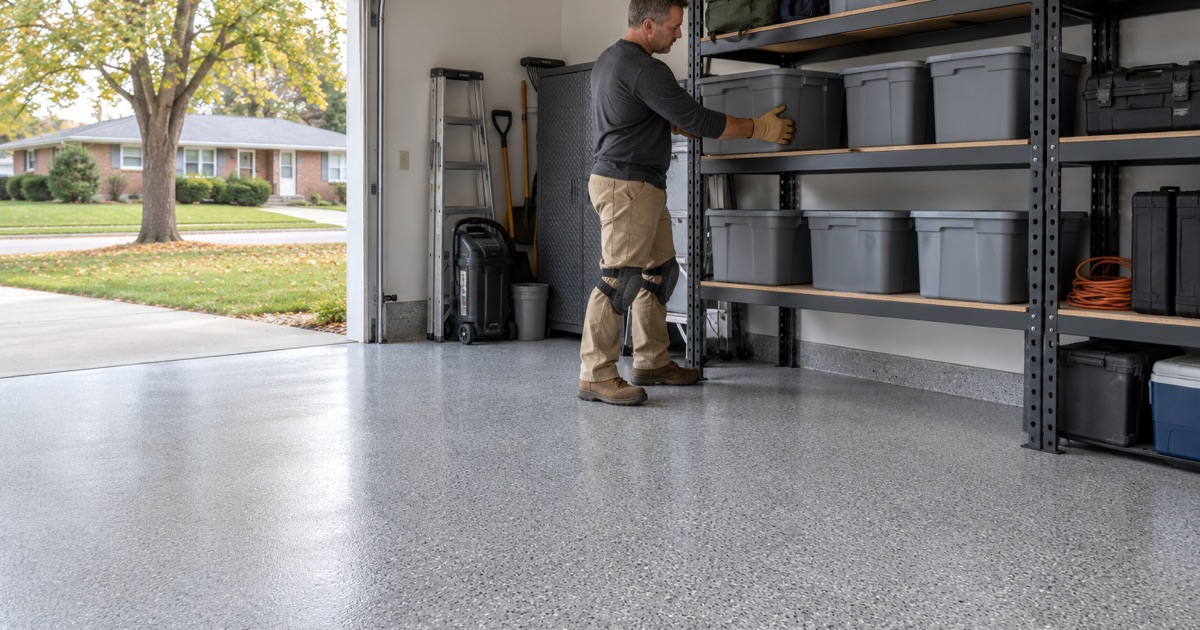Stored supplies going back onto shelves over a cured flake floor in a Lincolnwood garage