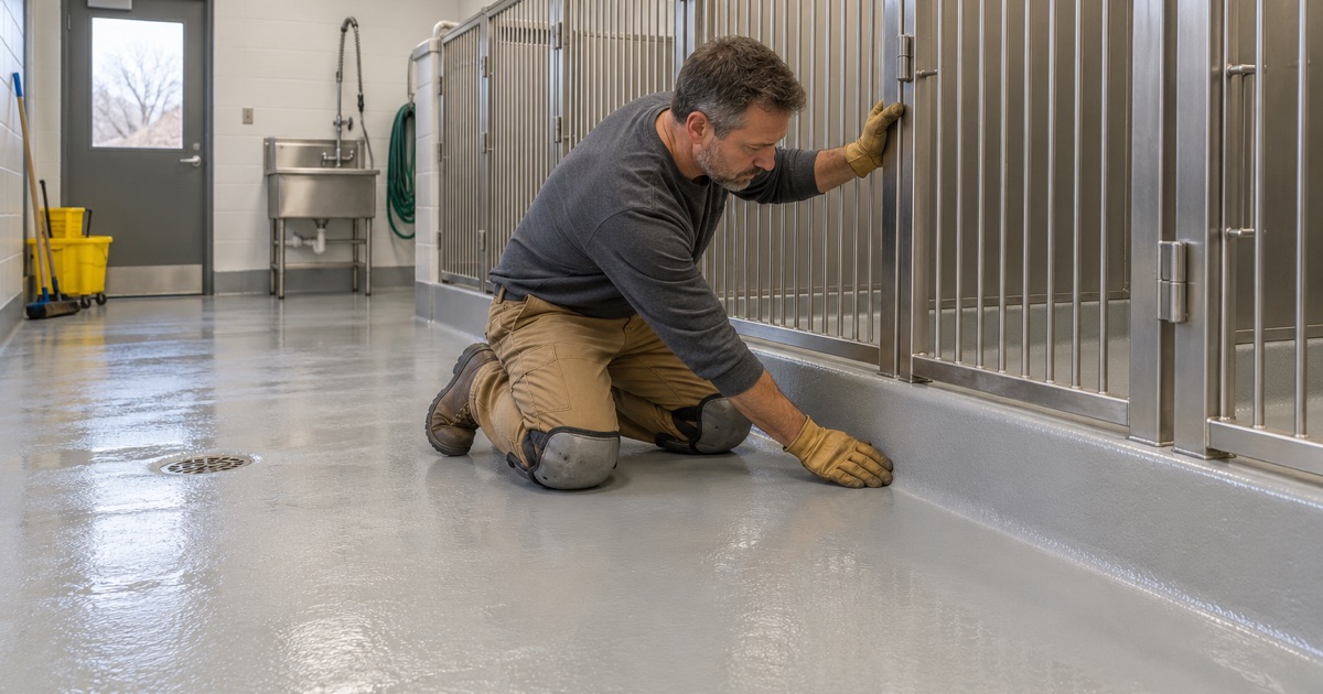 A seamless floor turned up into a coved base in a Norridge animal care room, with no seams for urine to reach