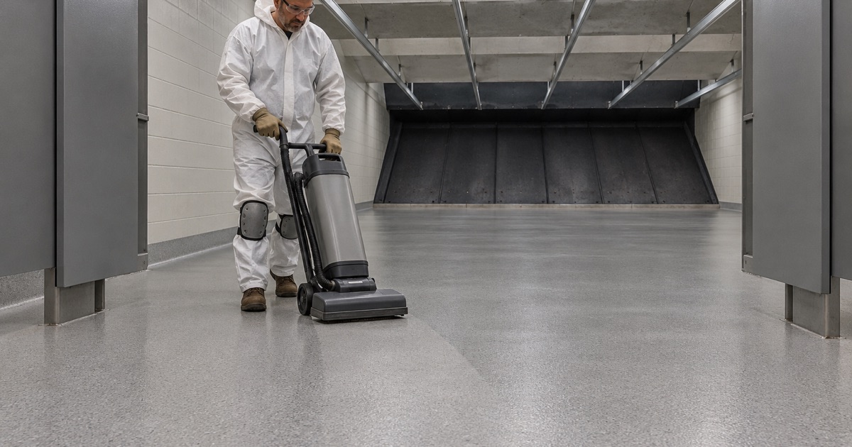 A seamless sealed floor being vacuumed down an empty indoor firing range at a North Aurora police building.