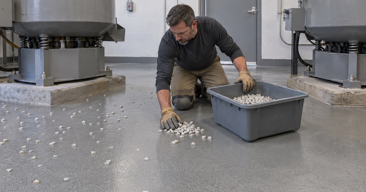 Spilled ceramic tumbling media gathered off a textured coated floor beside the barrels in a Northlake finishing shop.