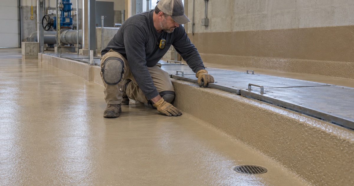 Thick tan epoxy mortar lining the floor and lower walls of a headworks channel room at the Pingree Grove treatment plant.