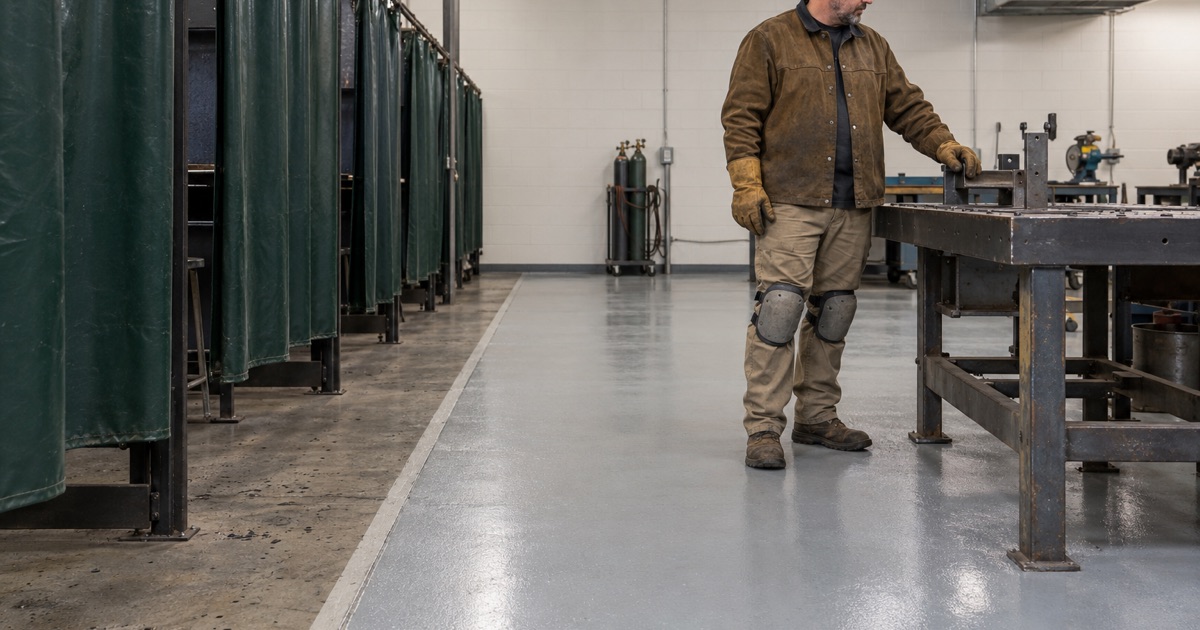 Bare sealed concrete at the welding booths and a coated aisle beyond in a River Grove college welding lab.