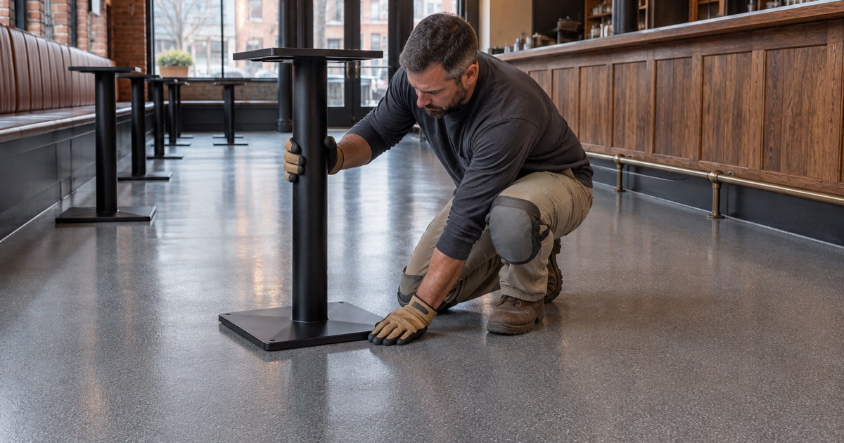 A downtown Round Lake restaurant floor finished before the booth pedestals are anchored through it