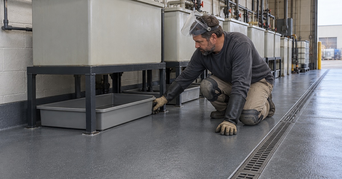 Chemical-resistant floor lining and tank pans under a row of plating tanks in a Schiller Park electroplating shop.