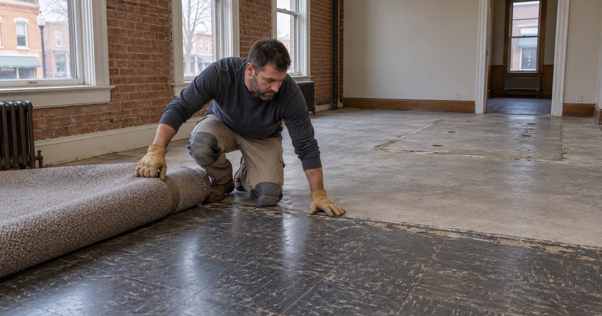 Carpet rolled back over old floor tile and adhesive in an older Wauconda building, nothing ground until it is surveyed