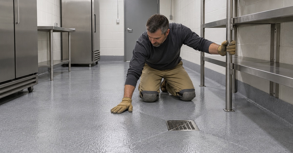 A seamless coved floor squeegeed to its drain in a Westchester service room