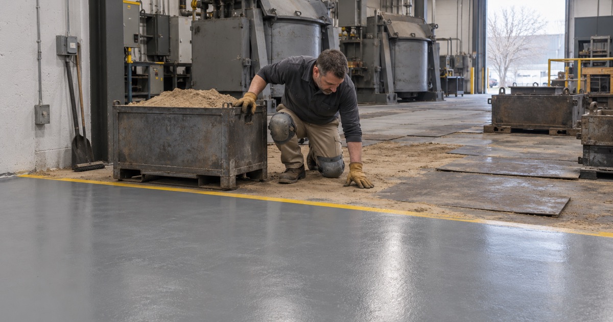 A coated machine-shop floor stopping at a dry sand-covered pour zone in a Wood Dale nonferrous foundry.