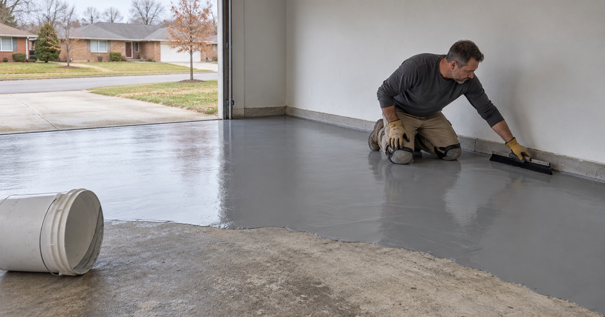 A gray epoxy body coat spread across a ground garage slab in a Hoffman Estates ranch, worked into the wall junction by hand.