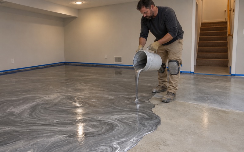 A silver and charcoal metallic epoxy being poured across a Hoffman Estates basement family room, the pigment swirling as it spreads.