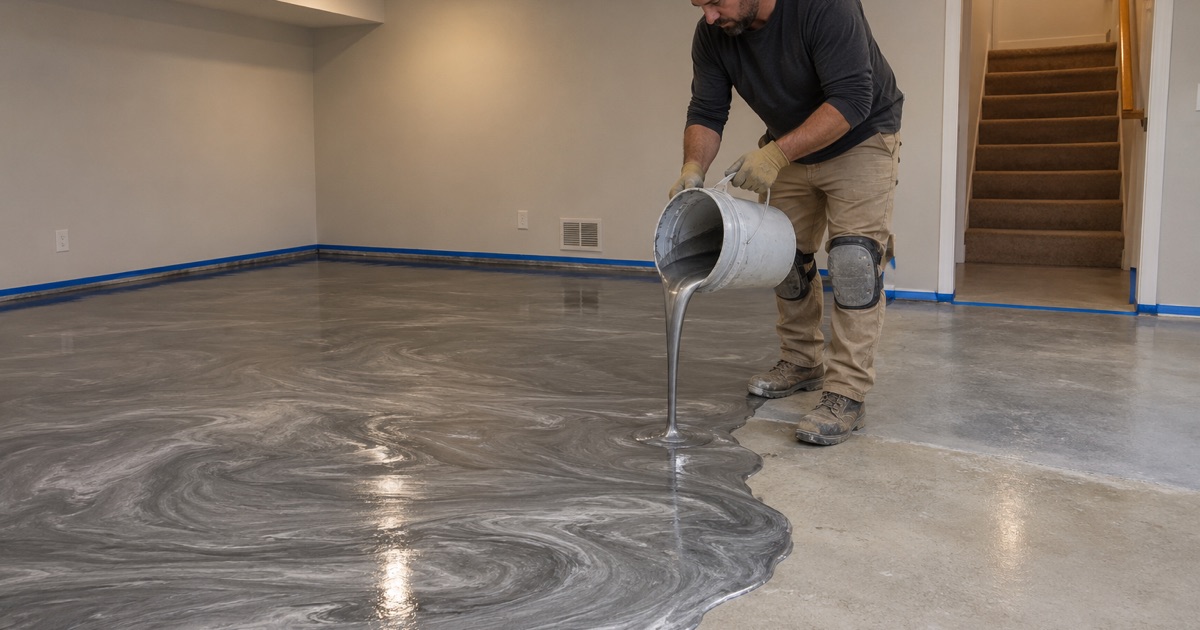 A silver and charcoal metallic epoxy being poured across a Hoffman Estates basement family room, the pigment swirling as it spreads.