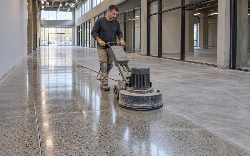 A walk-behind polisher burnishing the concrete floor of a converted office atrium in Hoffman Estates to a deep sheen.