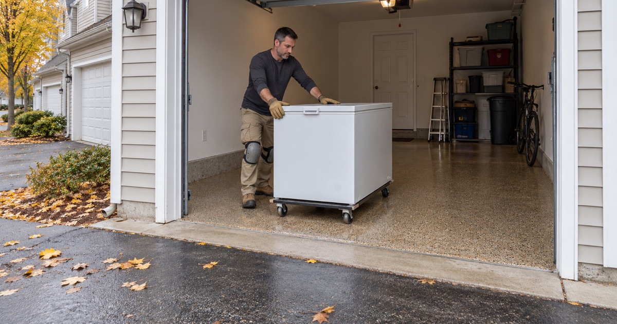 A chest freezer rolled back onto a fresh polyaspartic flake floor the day after coating in a Hoffman Estates townhome garage.